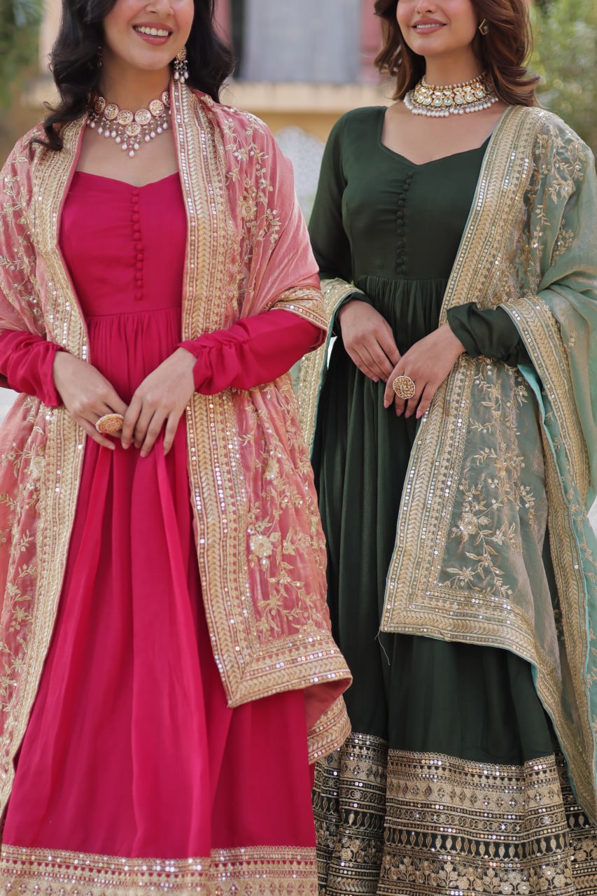 Lovely Vichitra Shimmer Embroidered Gown With Dupatta - INDIAN ELEGANCE