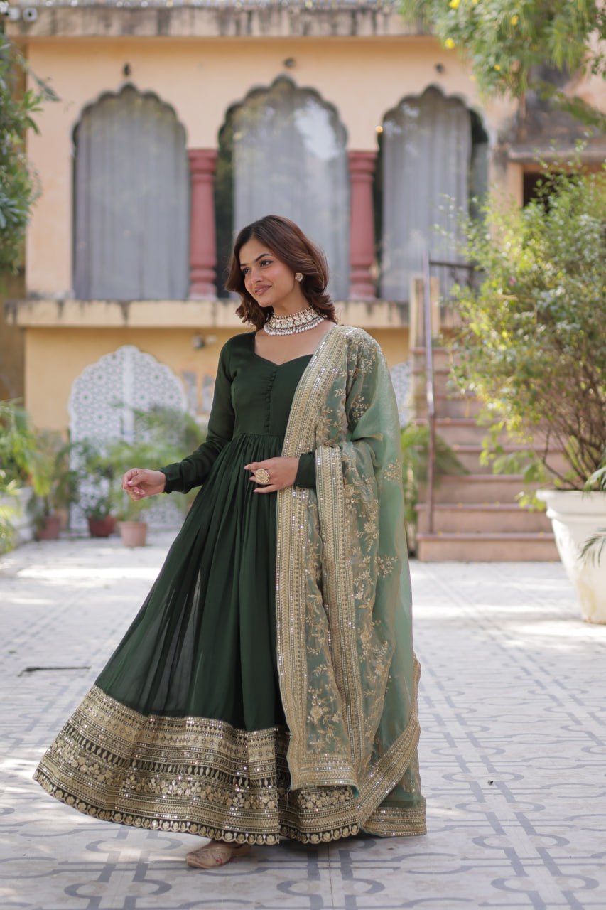 Lovely Vichitra Shimmer Embroidered Gown With Dupatta - INDIAN ELEGANCE