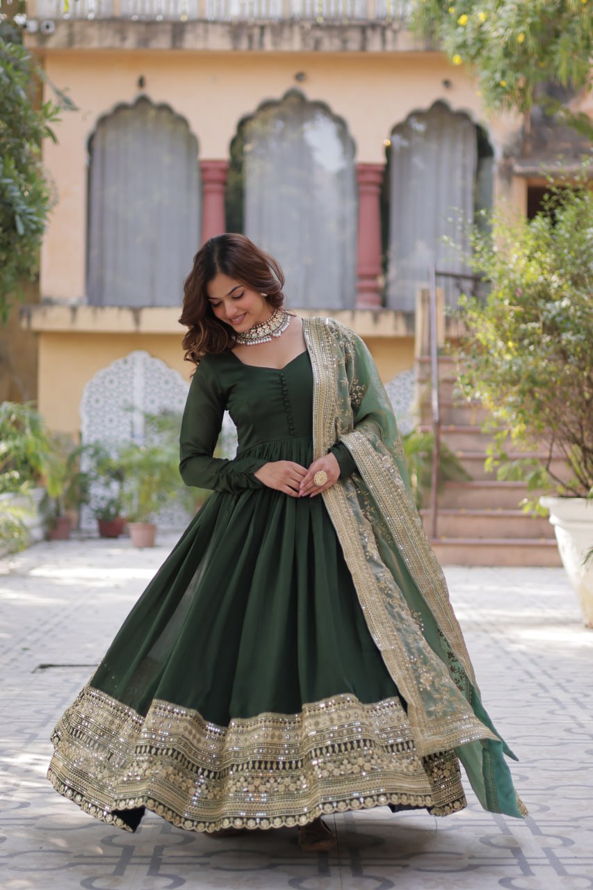 Lovely Vichitra Shimmer Embroidered Gown With Dupatta - INDIAN ELEGANCE