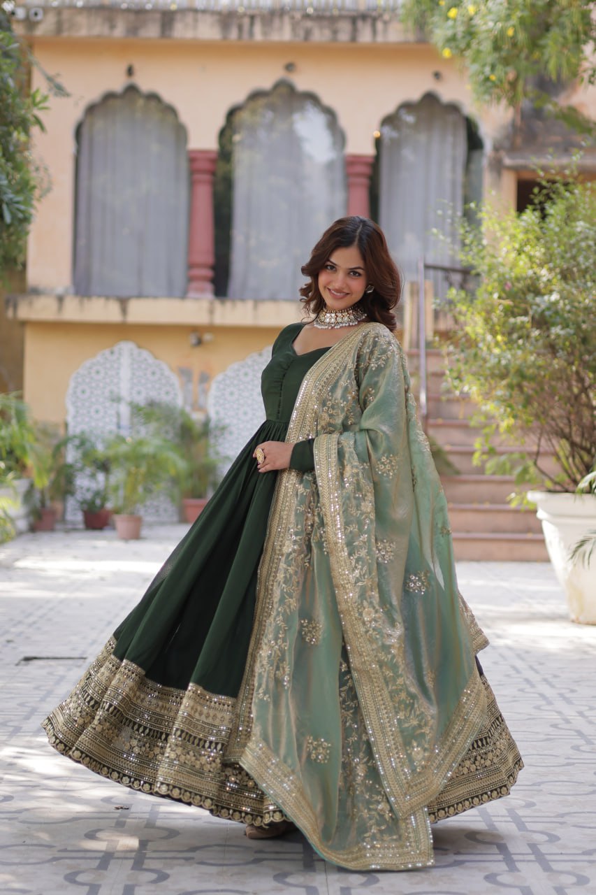 Lovely Vichitra Shimmer Embroidered Gown With Dupatta - INDIAN ELEGANCE