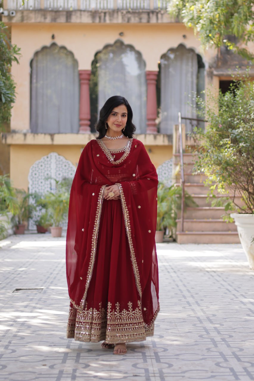 Spellbinding Faux Georgette Embroidered Sequins Worked Gown - INDIAN ELEGANCE