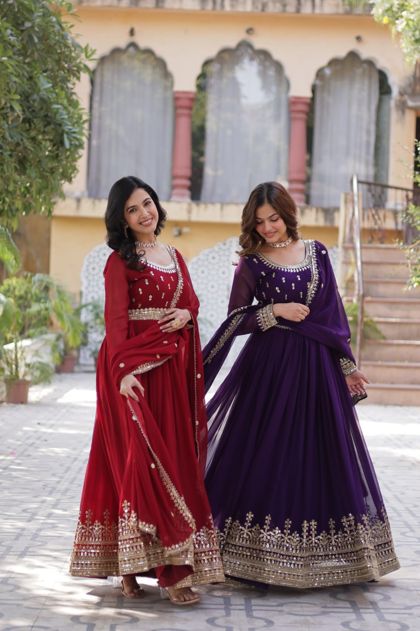 Spellbinding Faux Georgette Embroidered Sequins Worked Gown - INDIAN ELEGANCE