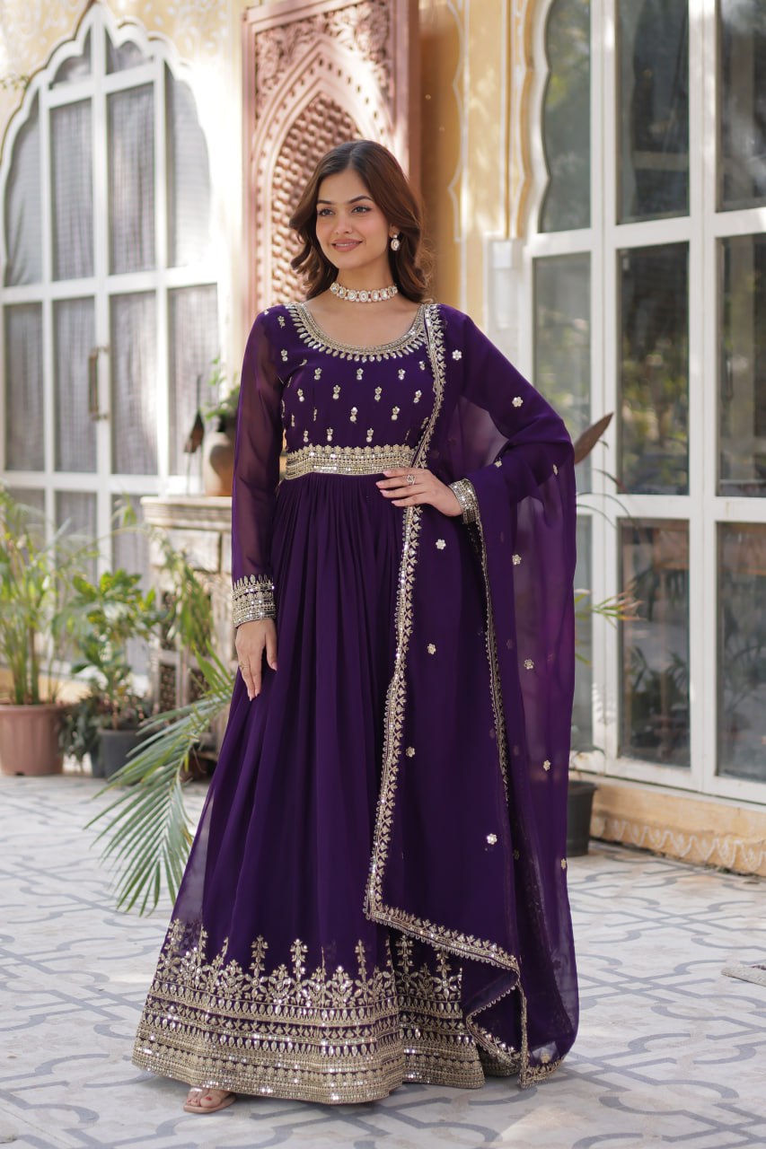 Spellbinding Faux Georgette Embroidered Sequins Worked Gown - INDIAN ELEGANCE
