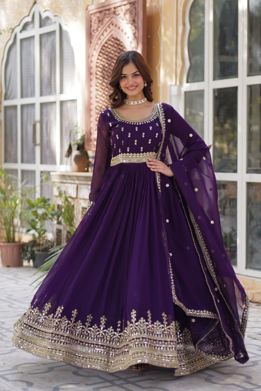 Spellbinding Faux Georgette Embroidered Sequins Worked Gown - INDIAN ELEGANCE