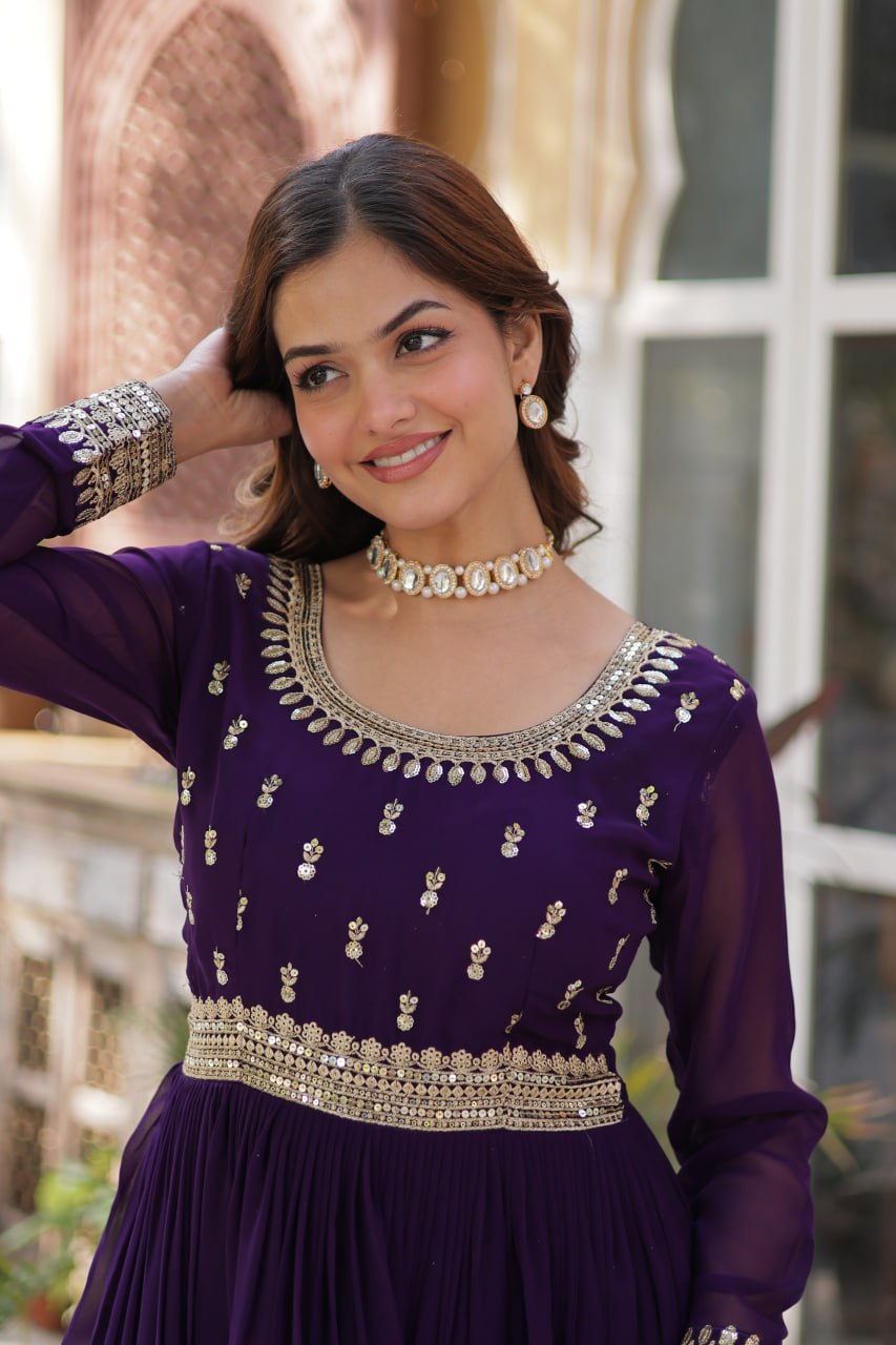 Spellbinding Faux Georgette Embroidered Sequins Worked Gown - INDIAN ELEGANCE