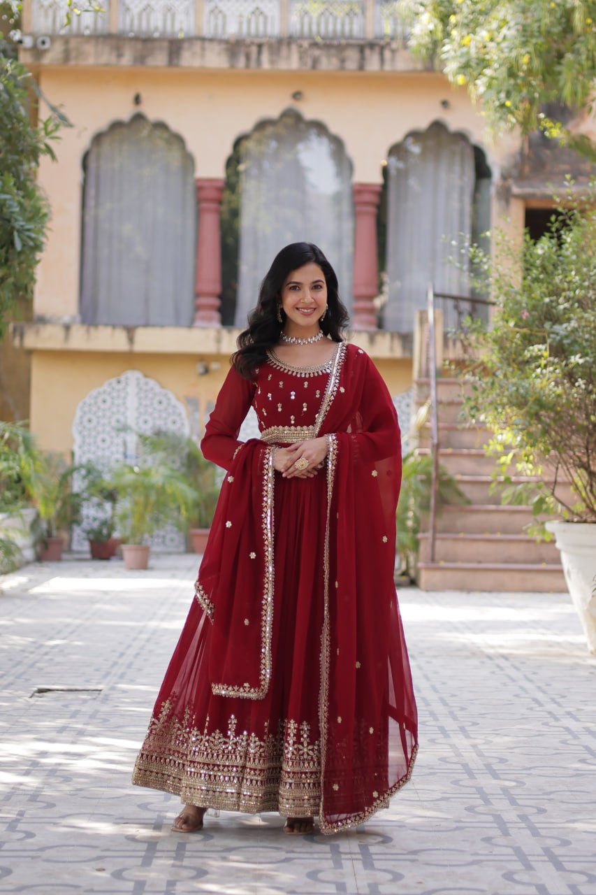 Spellbinding Faux Georgette Embroidered Sequins Worked Gown - INDIAN ELEGANCE