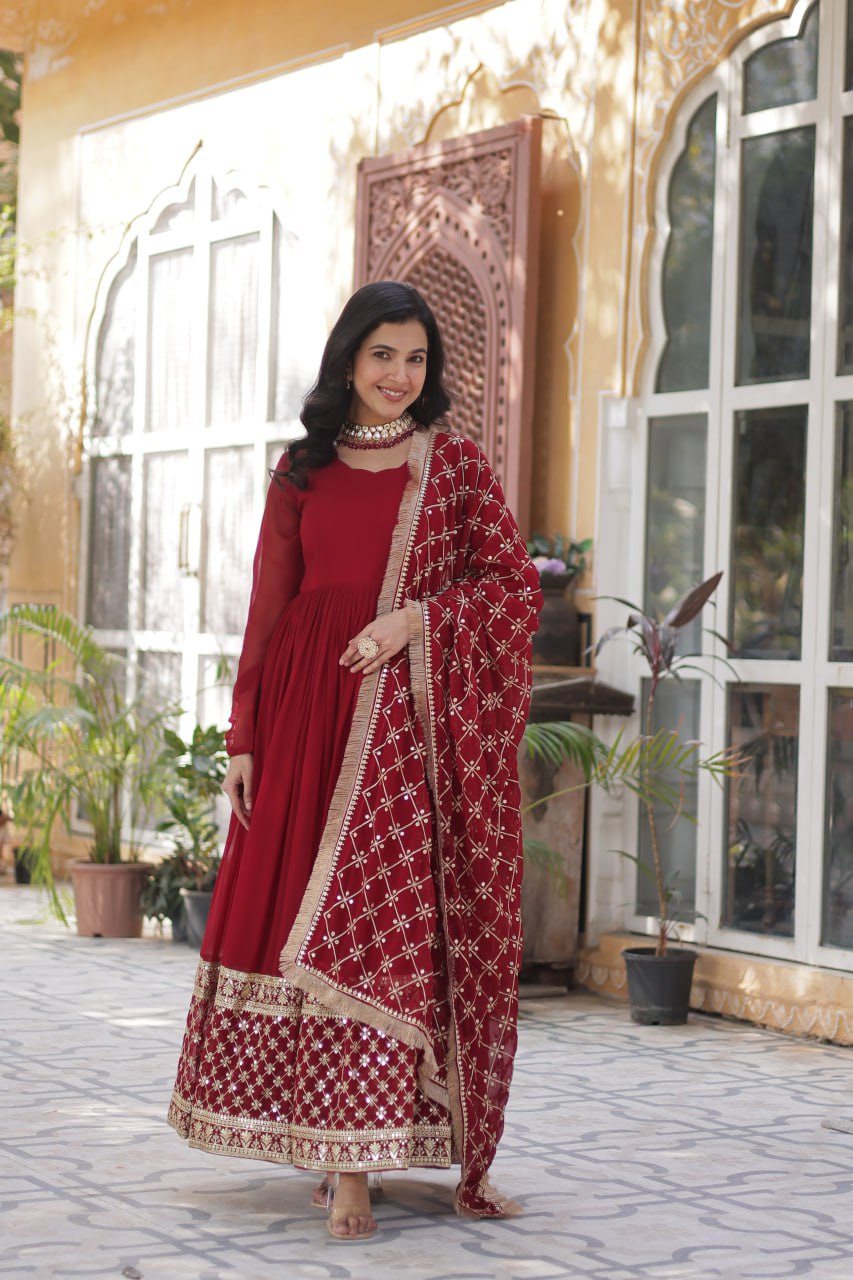 Elegant Faux Blooming Georgette Sequins Embroidered Gown Set