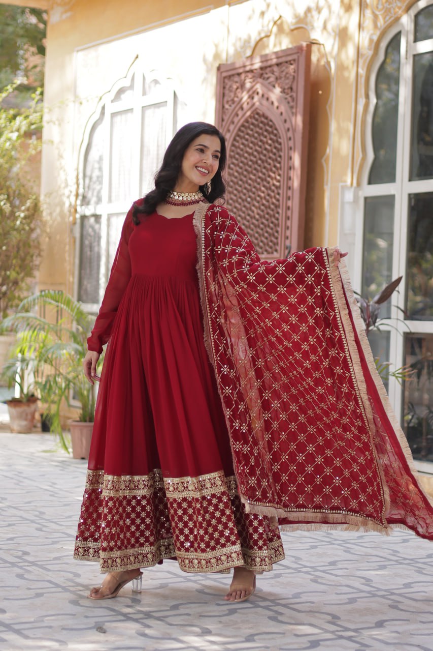 Elegant Faux Blooming Georgette Sequins Embroidered Gown Set