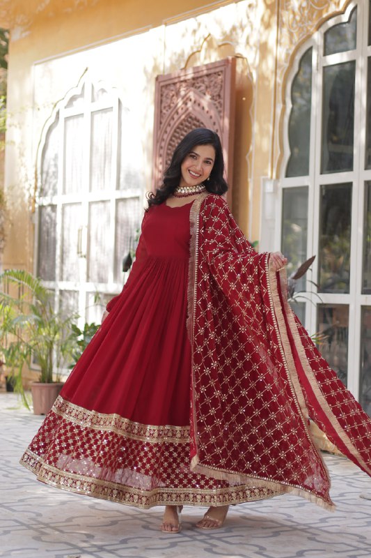 Elegant Faux Blooming Georgette Sequins Embroidered Gown Set