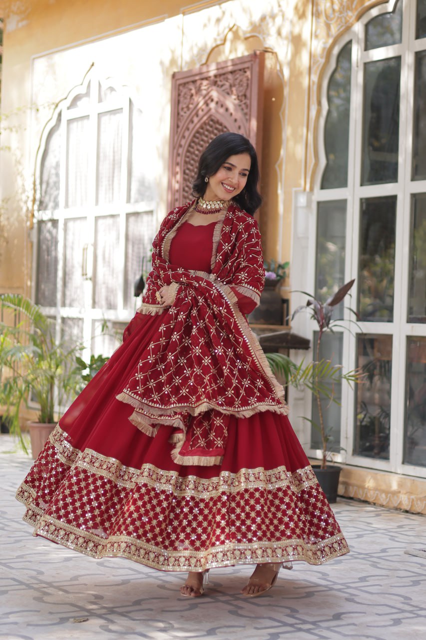 Elegant Faux Blooming Georgette Sequins Embroidered Gown Set