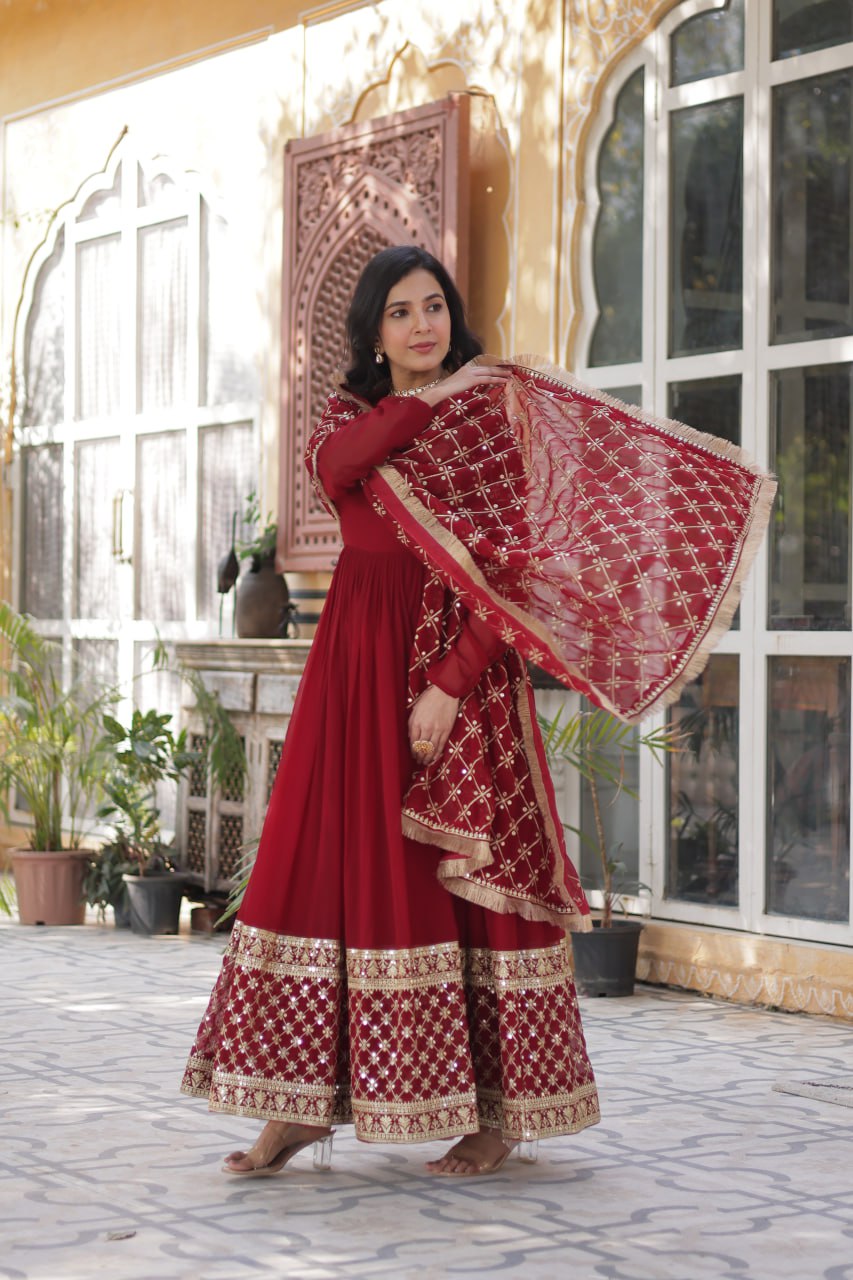 Elegant Faux Blooming Georgette Sequins Embroidered Gown Set