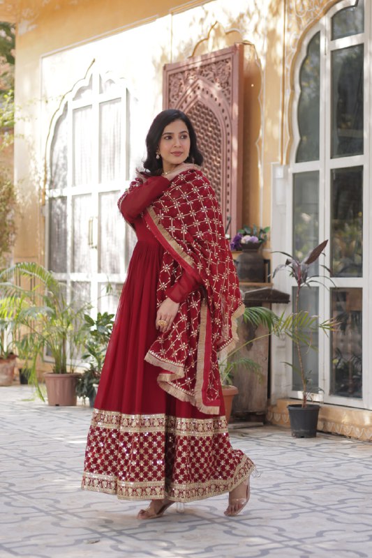 Elegant Faux Blooming Georgette Sequins Embroidered Gown Set