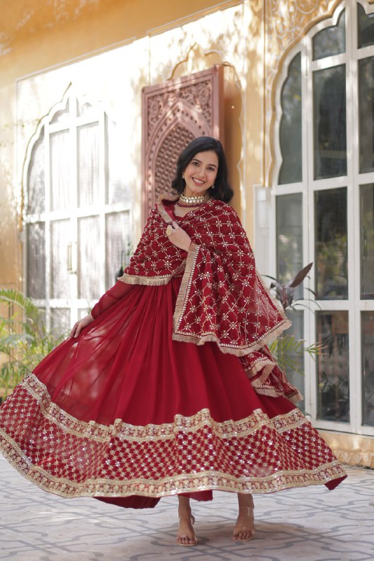 Elegant Faux Blooming Georgette Sequins Embroidered Gown Set
