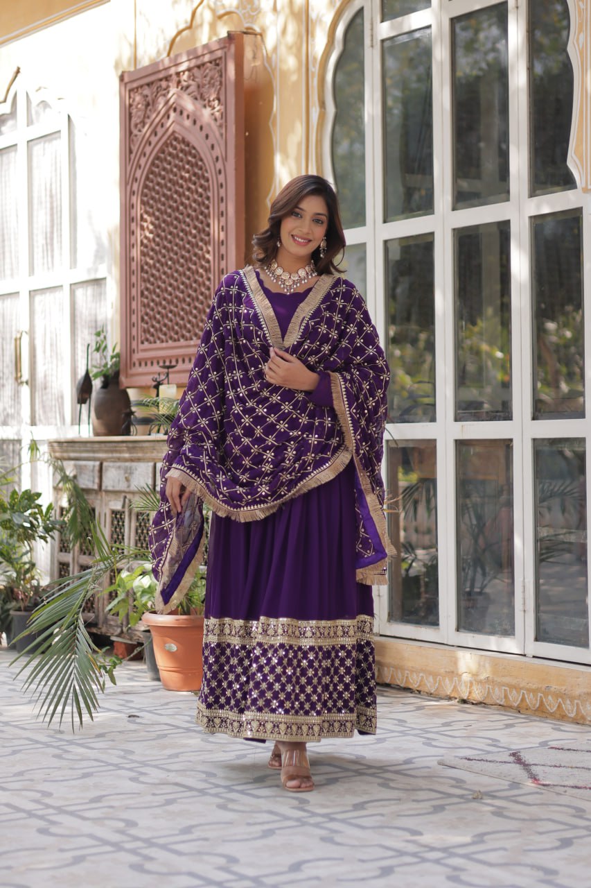 Elegant Faux Blooming Georgette Sequins Embroidered Gown Set