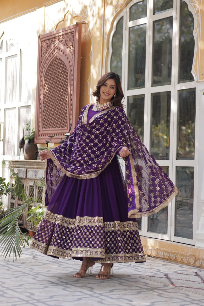 Elegant Faux Blooming Georgette Sequins Embroidered Gown Set