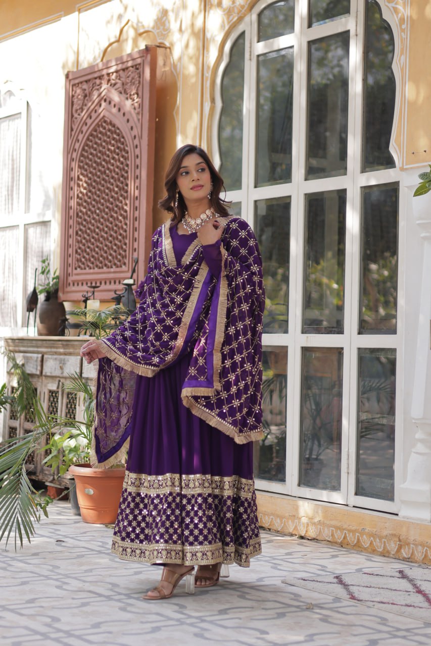 Elegant Faux Blooming Georgette Sequins Embroidered Gown Set