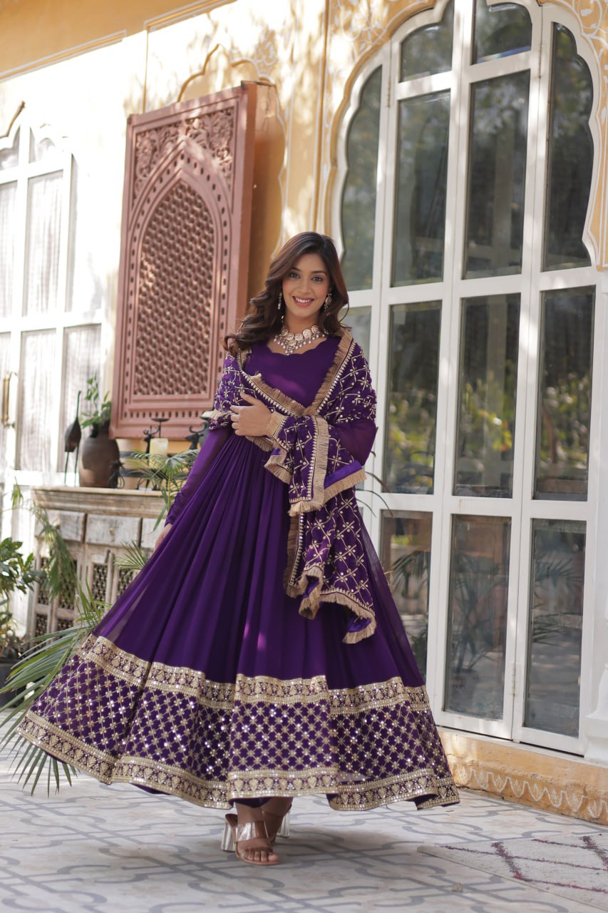 Elegant Faux Blooming Georgette Sequins Embroidered Gown Set