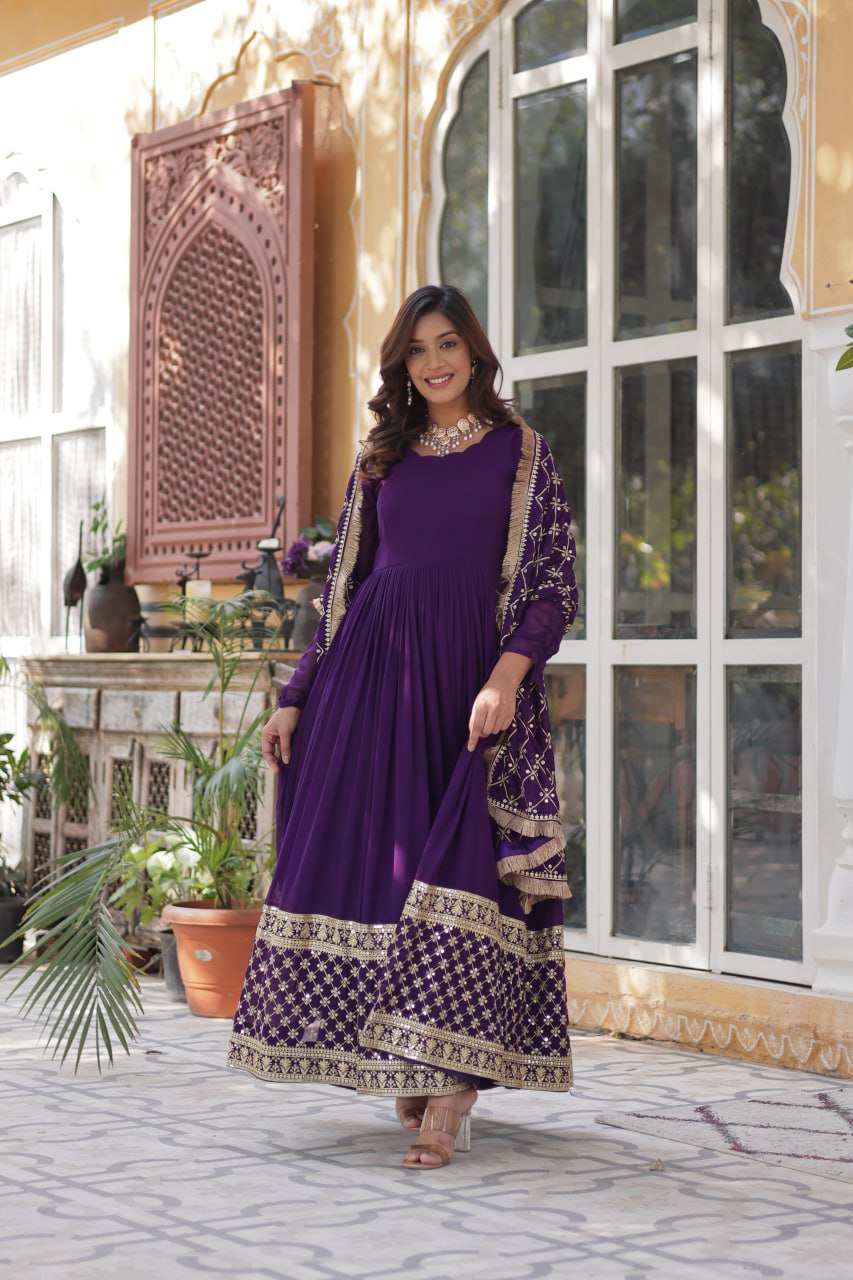Elegant Faux Blooming Georgette Sequins Embroidered Gown Set