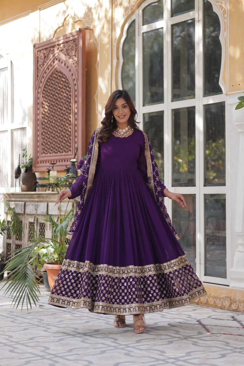 Elegant Faux Blooming Georgette Sequins Embroidered Gown Set