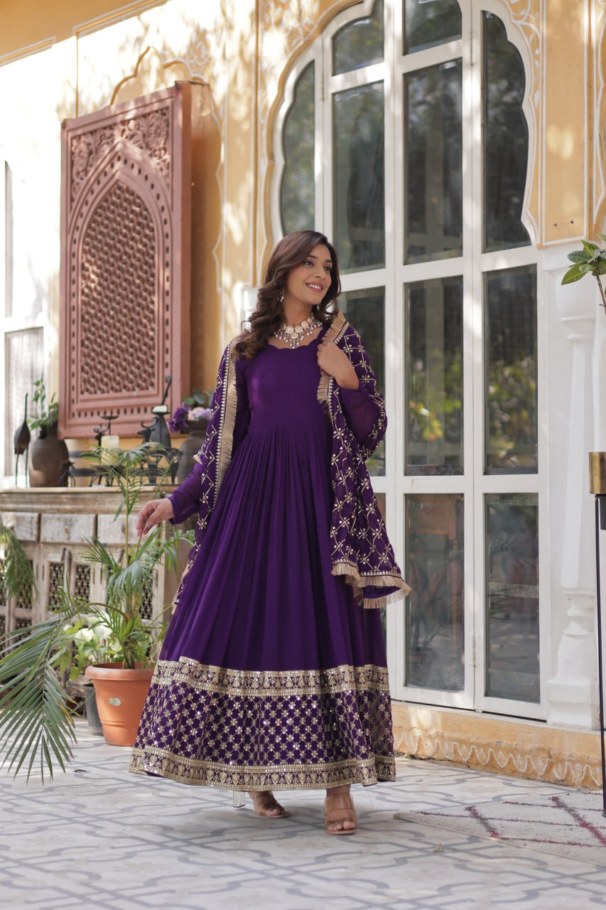 Elegant Faux Blooming Georgette Sequins Embroidered Gown Set