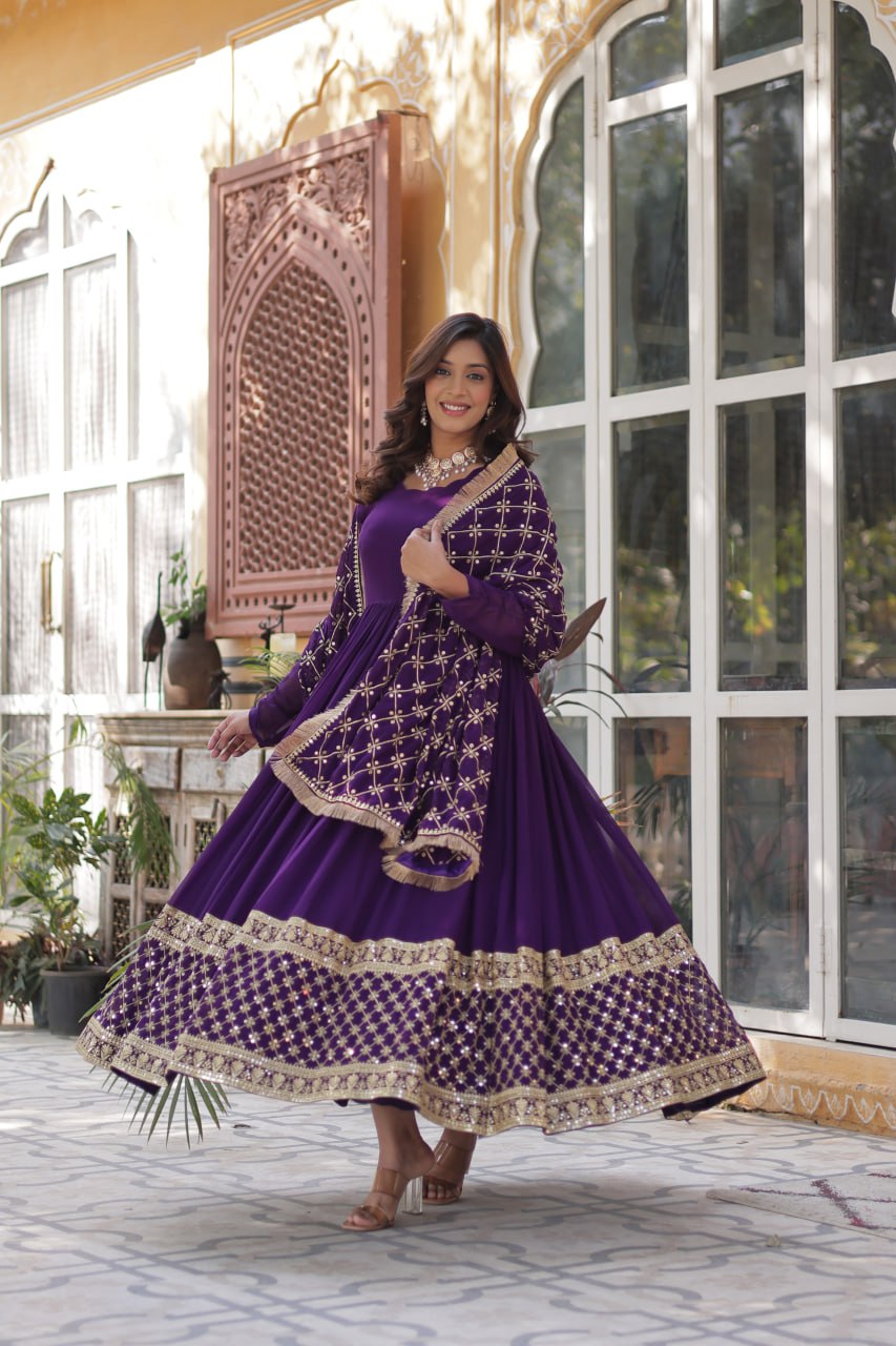 Elegant Faux Blooming Georgette Sequins Embroidered Gown Set