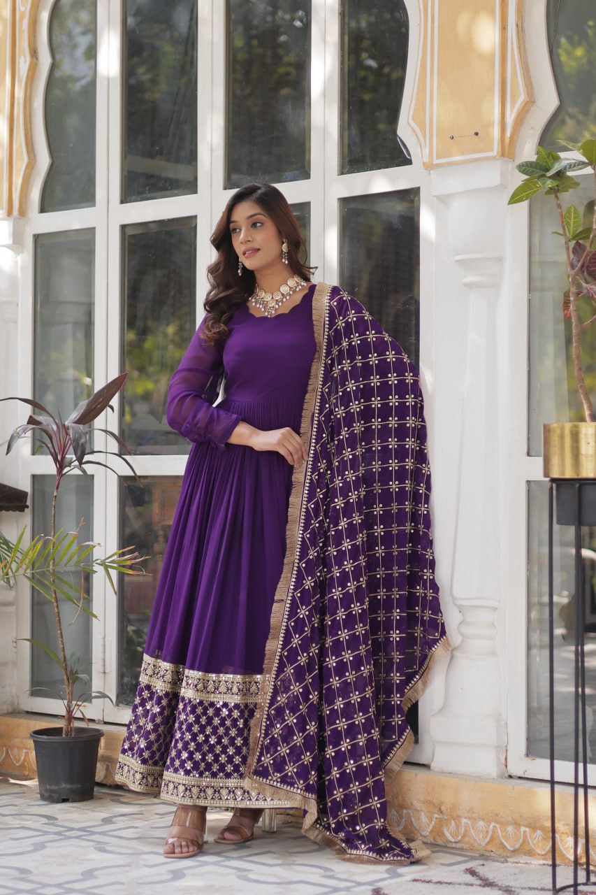 Elegant Faux Blooming Georgette Sequins Embroidered Gown Set