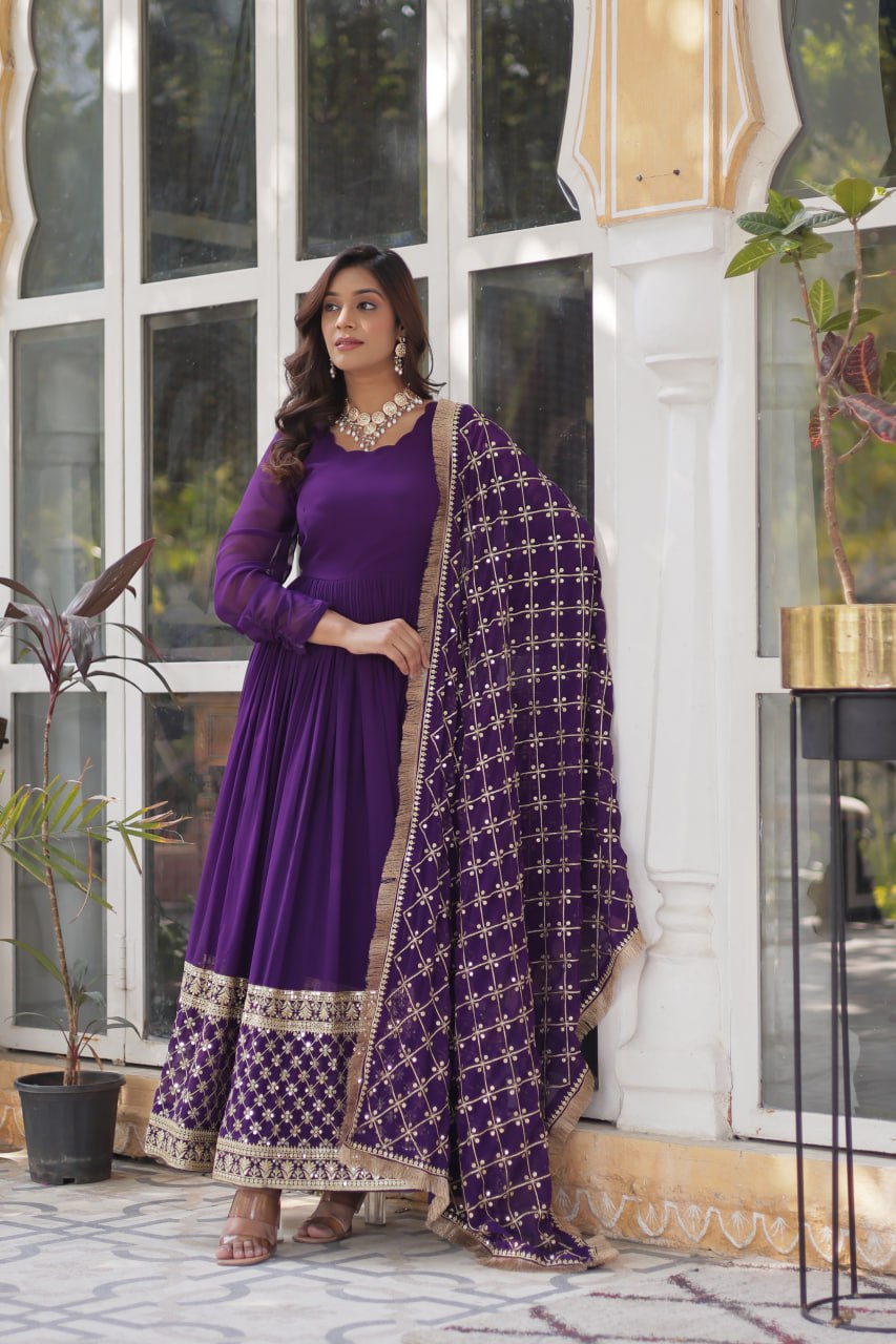 Elegant Faux Blooming Georgette Sequins Embroidered Gown Set