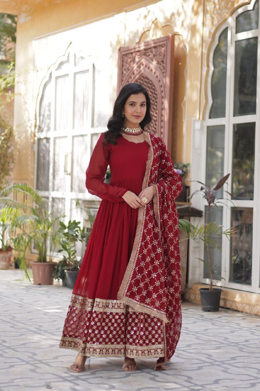 Elegant Faux Blooming Georgette Sequins Embroidered Gown Set