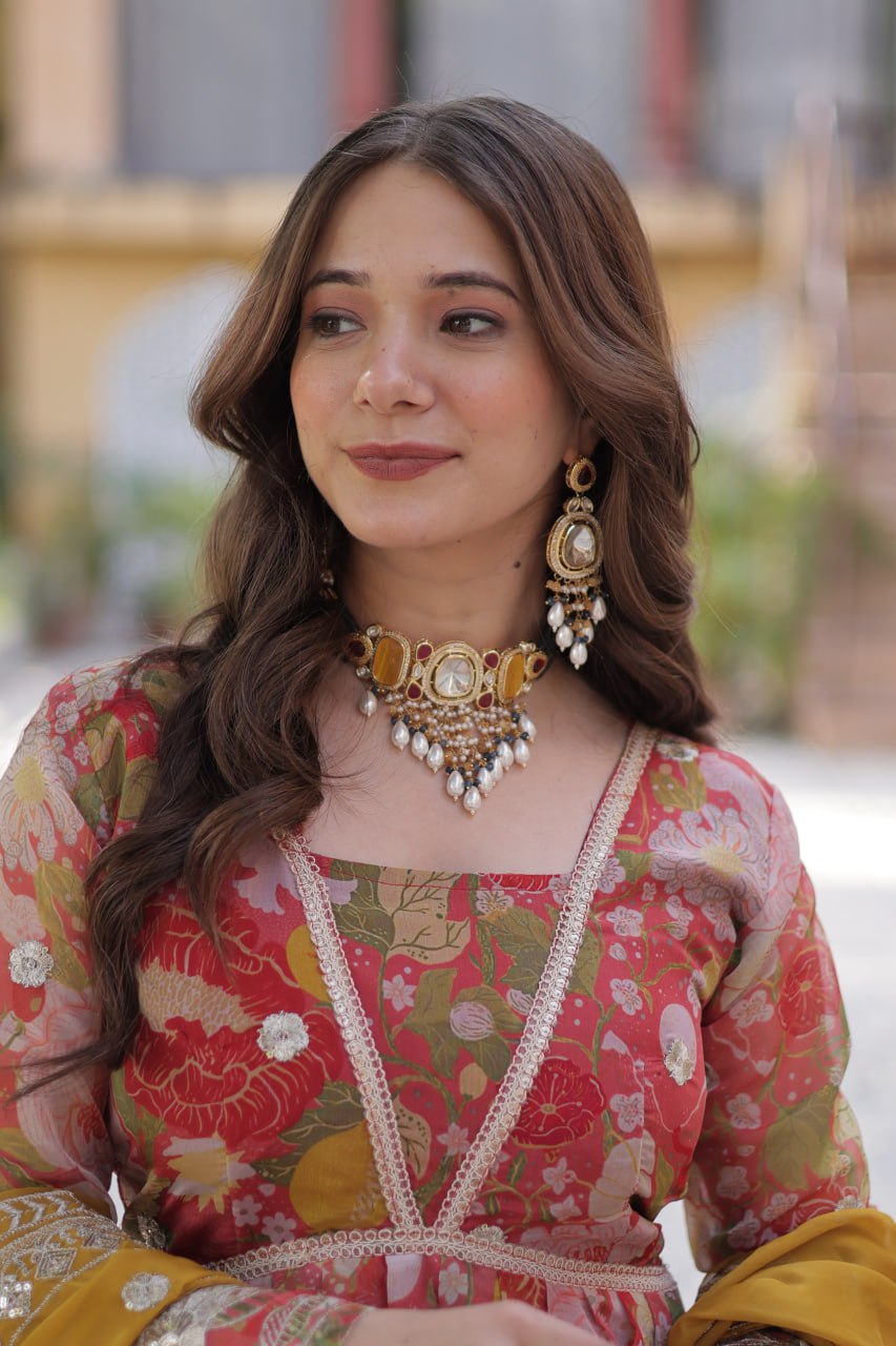 Elegant Russian Silk Anarkali Set With Embroidered Dupatta