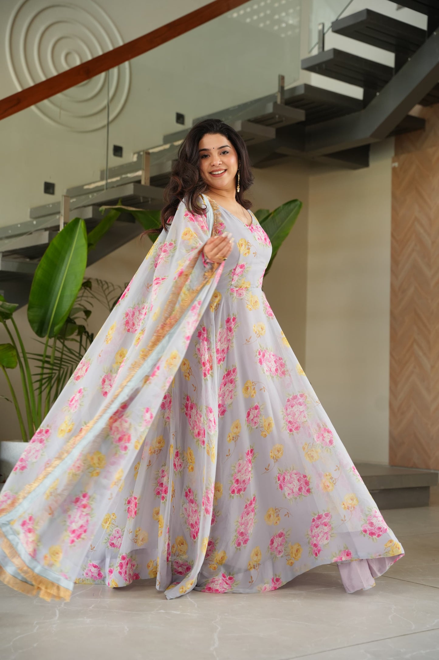 Floral Fantasy Faux Georgette Gown Set – Grace in Every Twirl