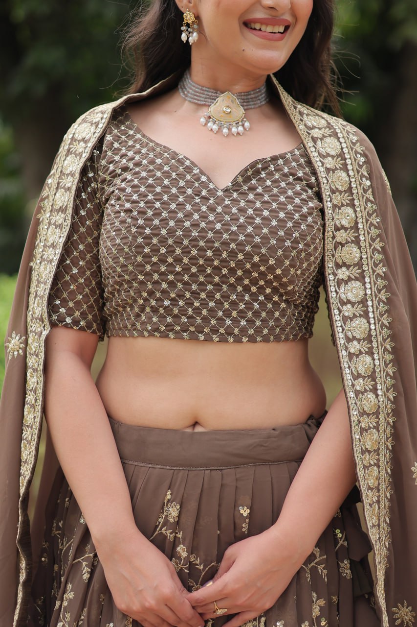 Breathtaking Brown Faux Georgette Sequins Embroidered Lehenga Choli - INDIAN ELEGANCE