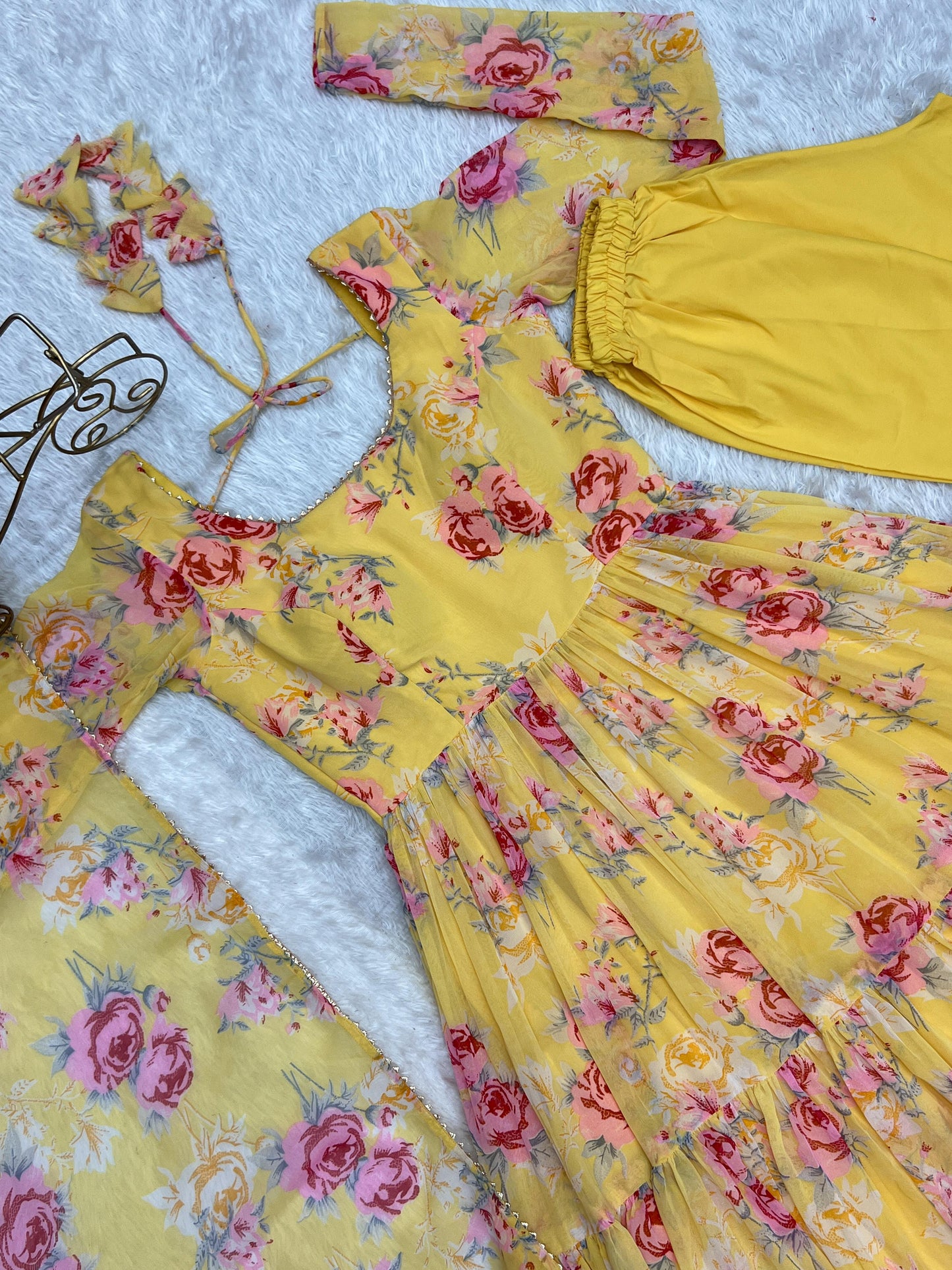 Graceful Yellow Floral Printed Fully Stitched Anarkali Pant Suit - INDIAN ELEGANCE