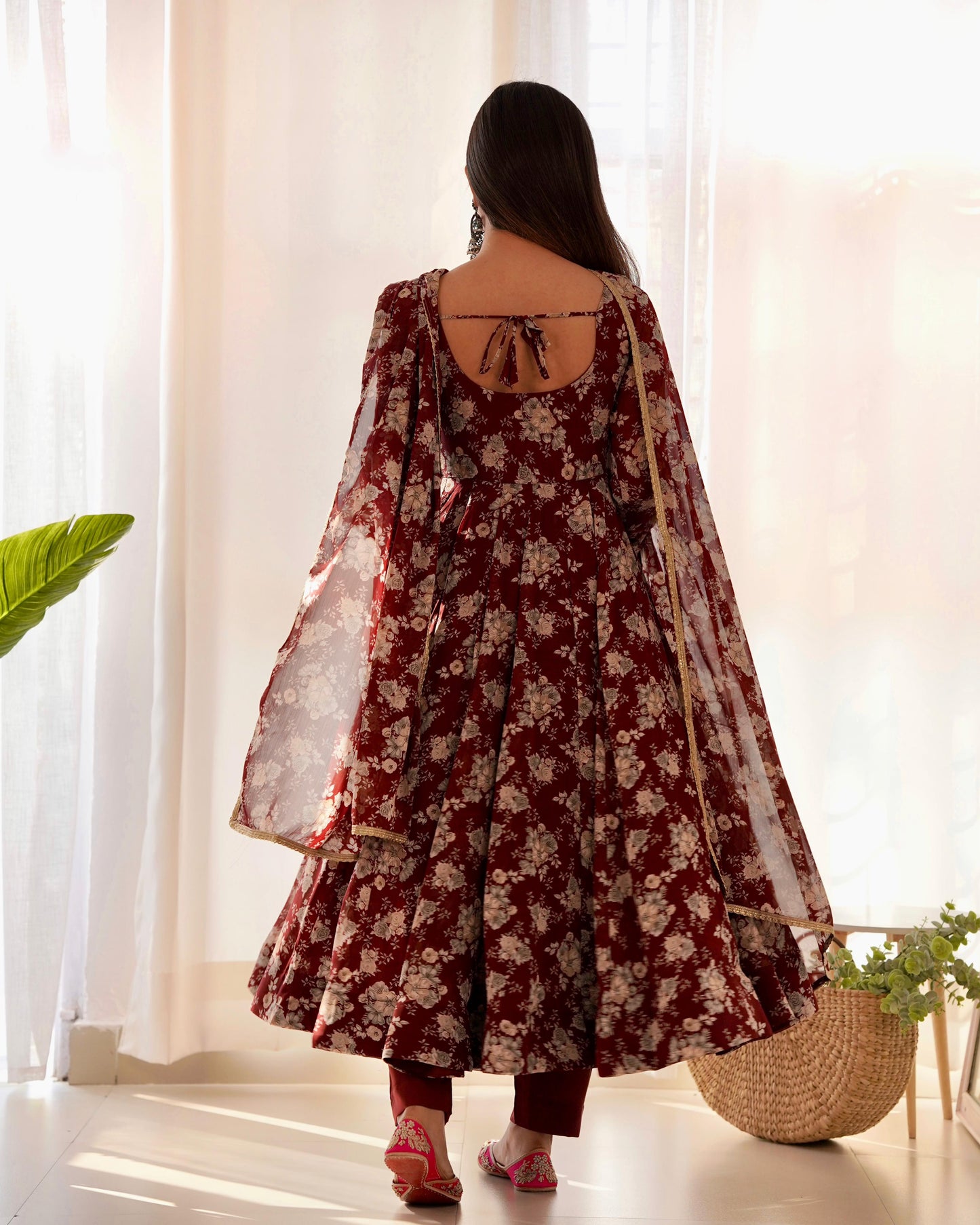 Exquisite Dark Maroon Floral Printed Fully Stitched Designer Anarkali Pant Suit - INDIAN ELEGANCE