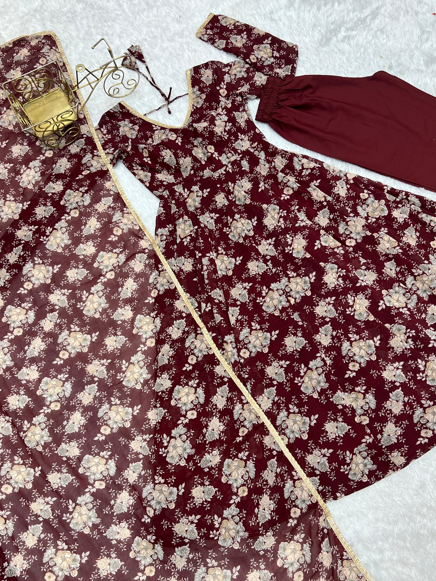 Exquisite Dark Maroon Floral Printed Fully Stitched Designer Anarkali Pant Suit - INDIAN ELEGANCE