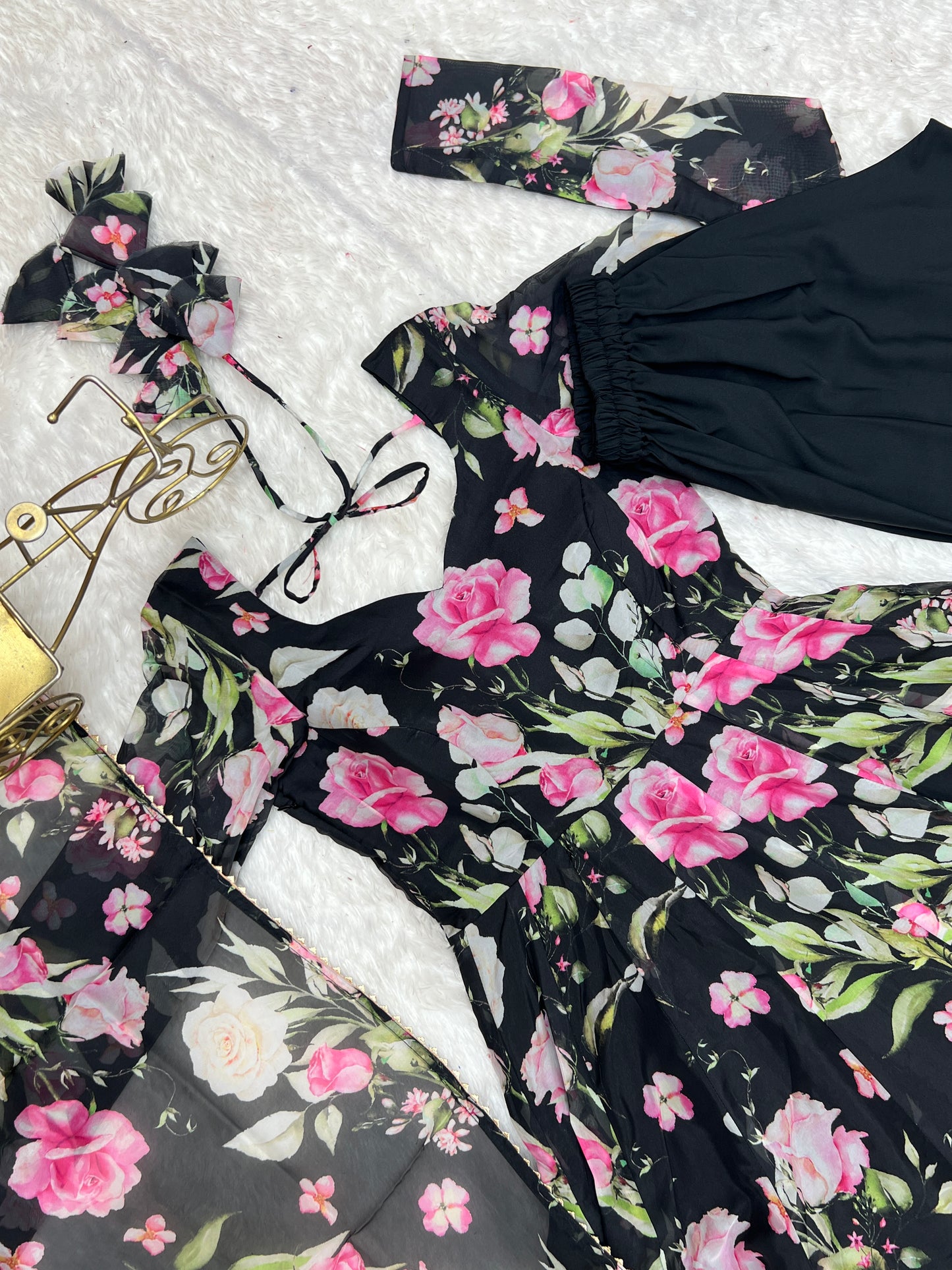 Ravishing Black Pure Organza Silk Floral Printed Anarkali Pant Suit