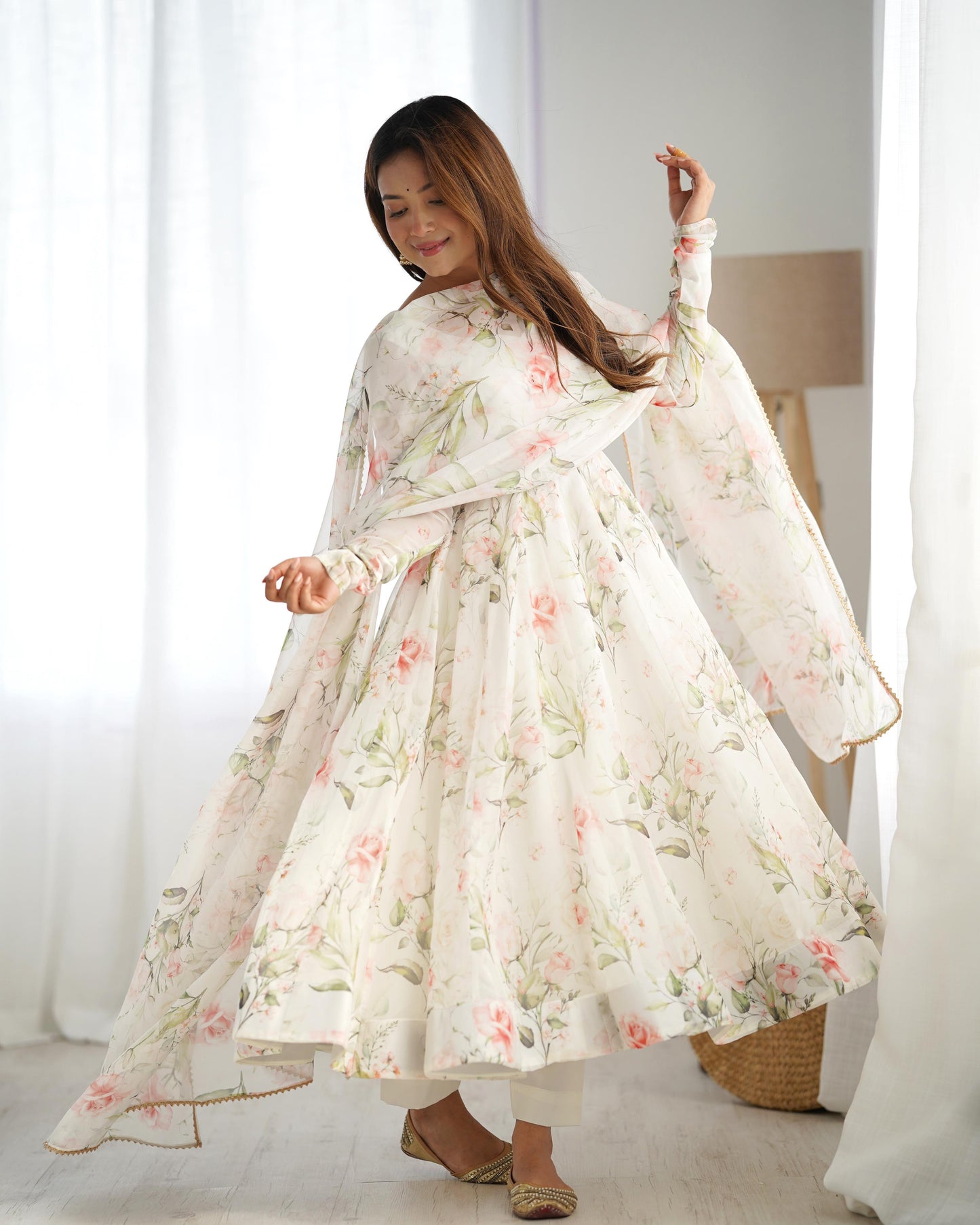 Fabulous White Pure Organza Silk Floral Printed Anarkali Pant Suit - INDIAN ELEGANCE