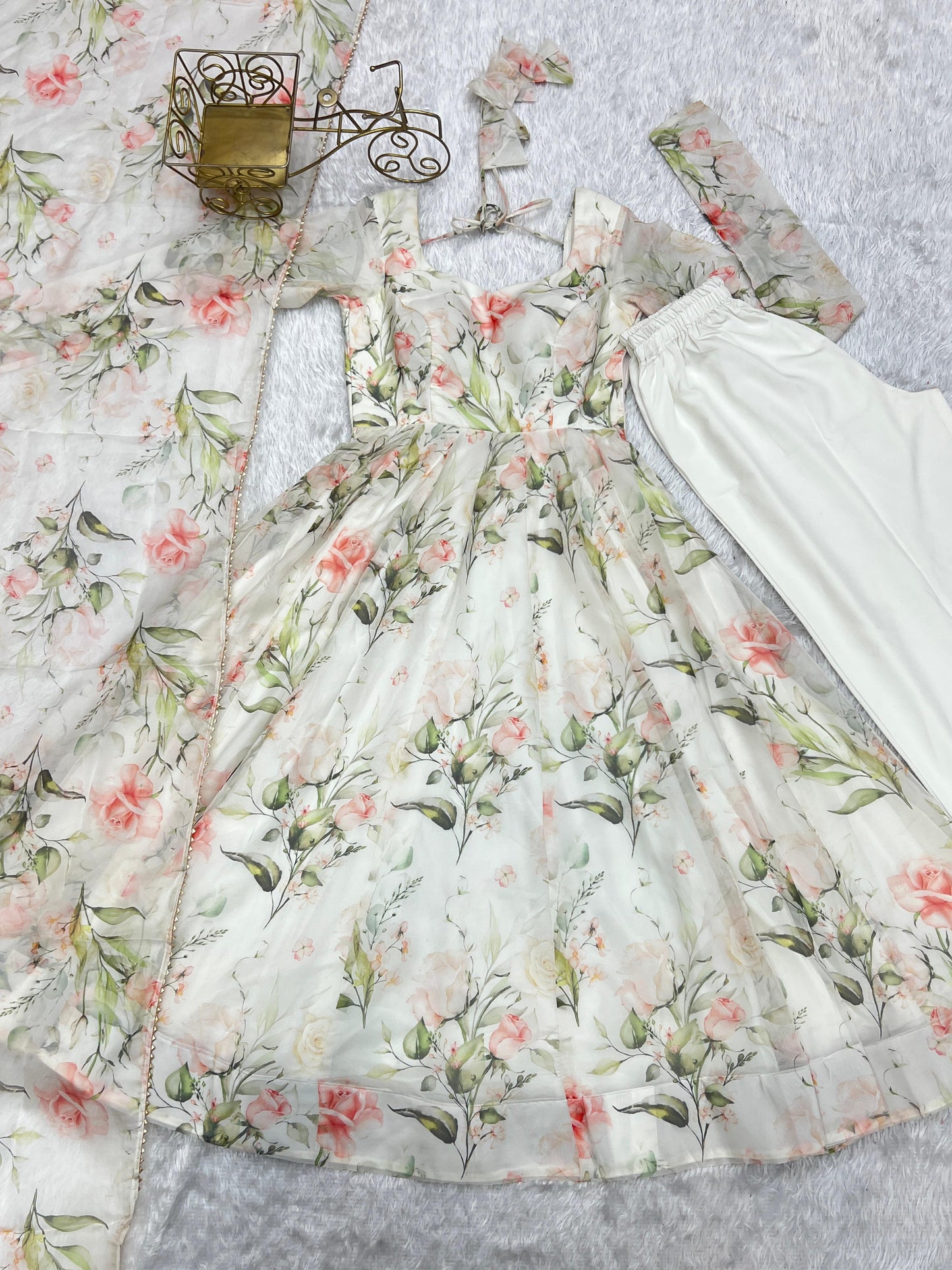 Fabulous White Pure Organza Silk Floral Printed Anarkali Pant Suit - INDIAN ELEGANCE