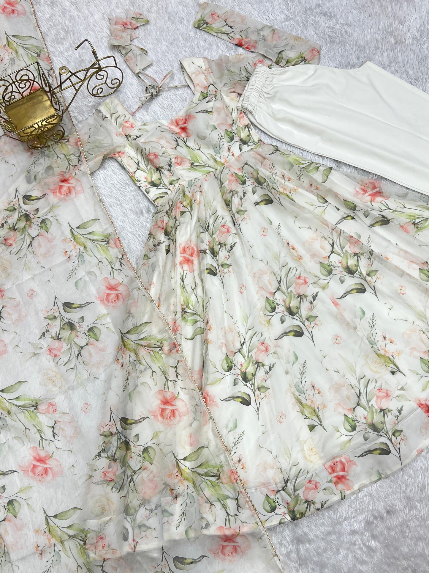 Fabulous White Pure Organza Silk Floral Printed Anarkali Pant Suit - INDIAN ELEGANCE
