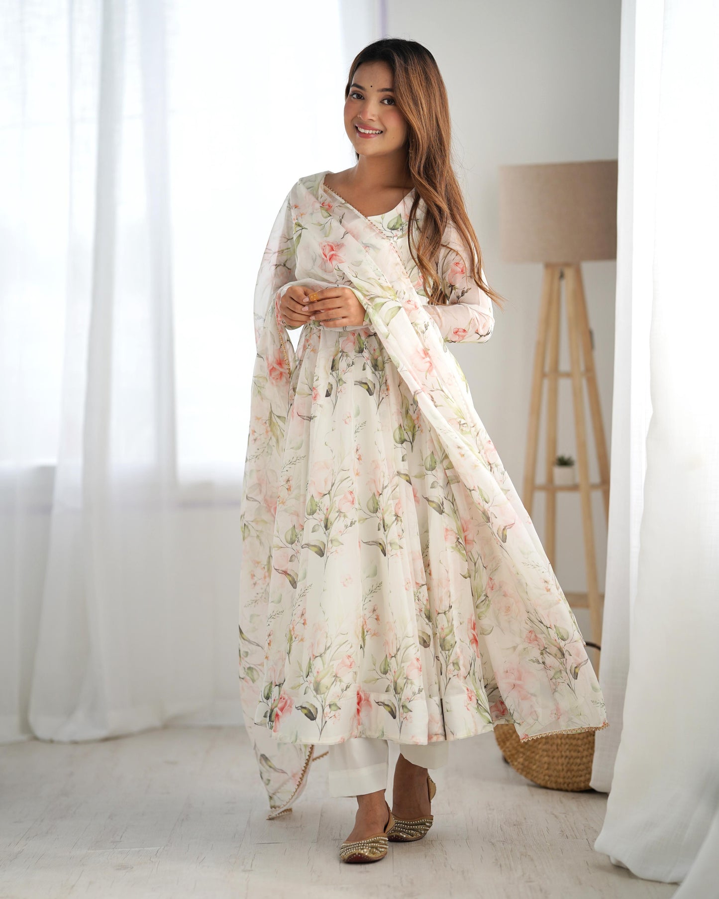 Fabulous White Pure Organza Silk Floral Printed Anarkali Pant Suit - INDIAN ELEGANCE