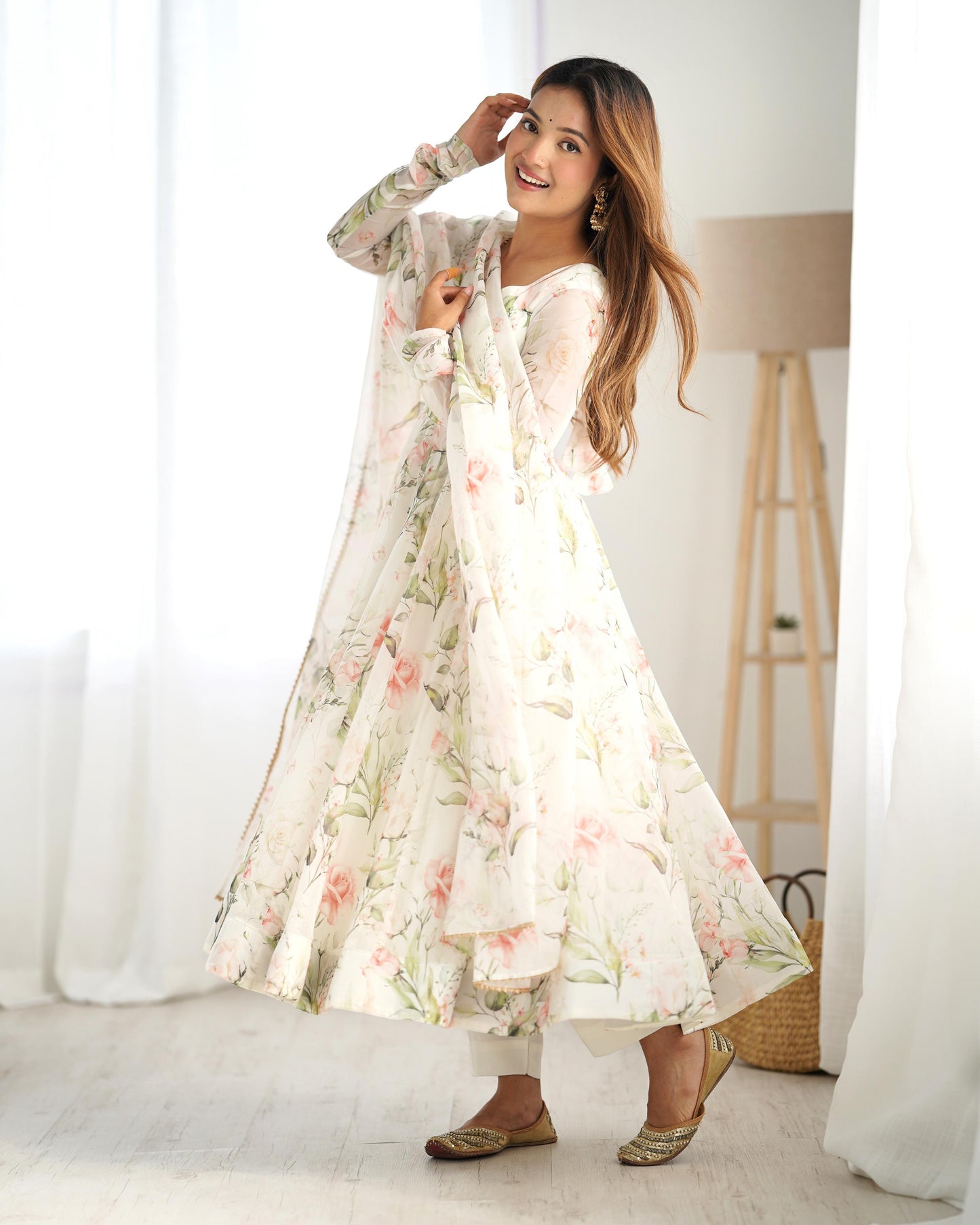 Fabulous White Pure Organza Silk Floral Printed Anarkali Pant Suit - INDIAN ELEGANCE
