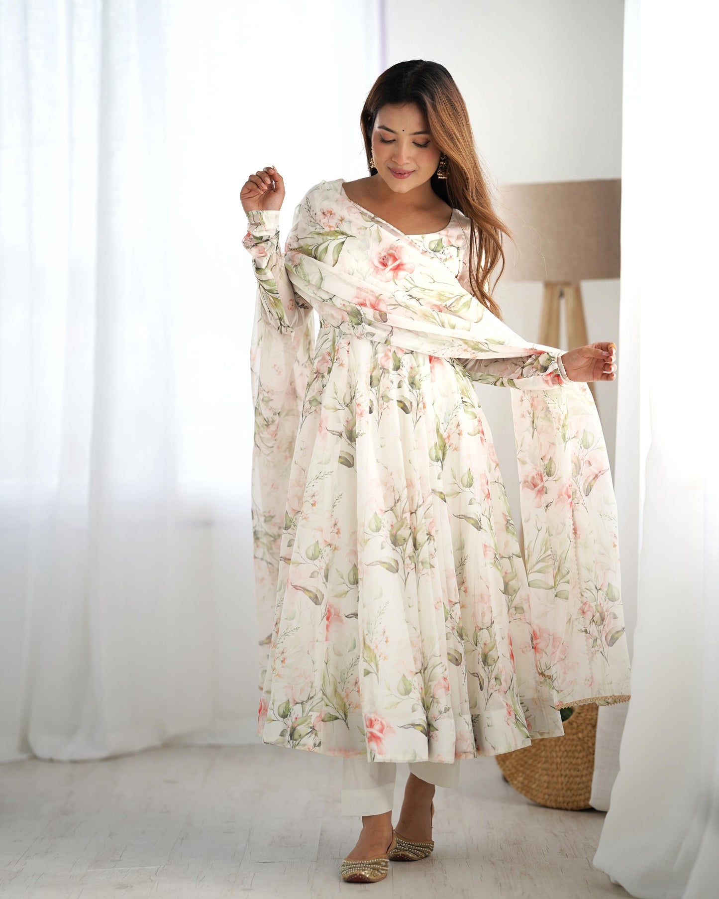 Fabulous White Pure Organza Silk Floral Printed Anarkali Pant Suit - INDIAN ELEGANCE