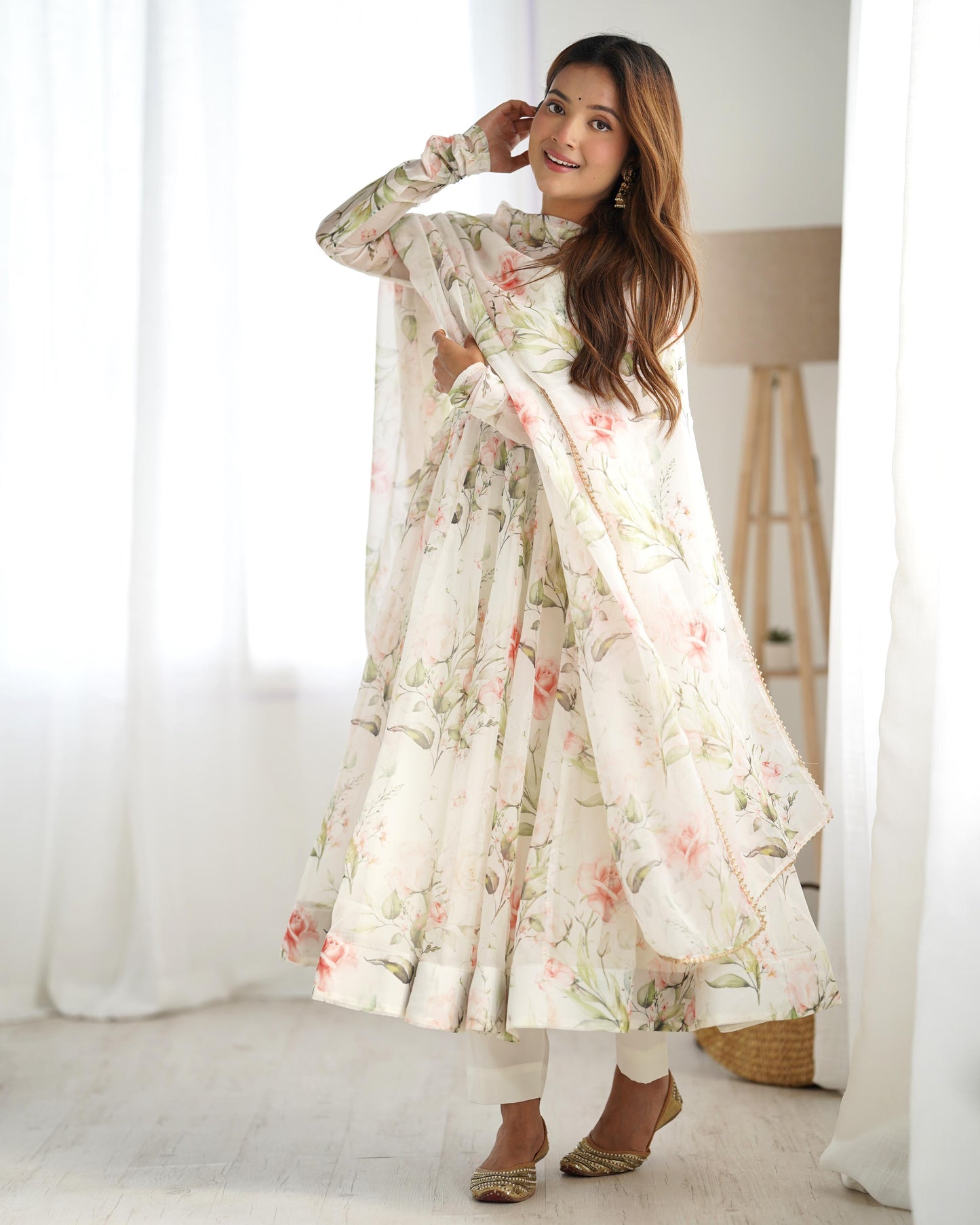 Fabulous White Pure Organza Silk Floral Printed Anarkali Pant Suit - INDIAN ELEGANCE
