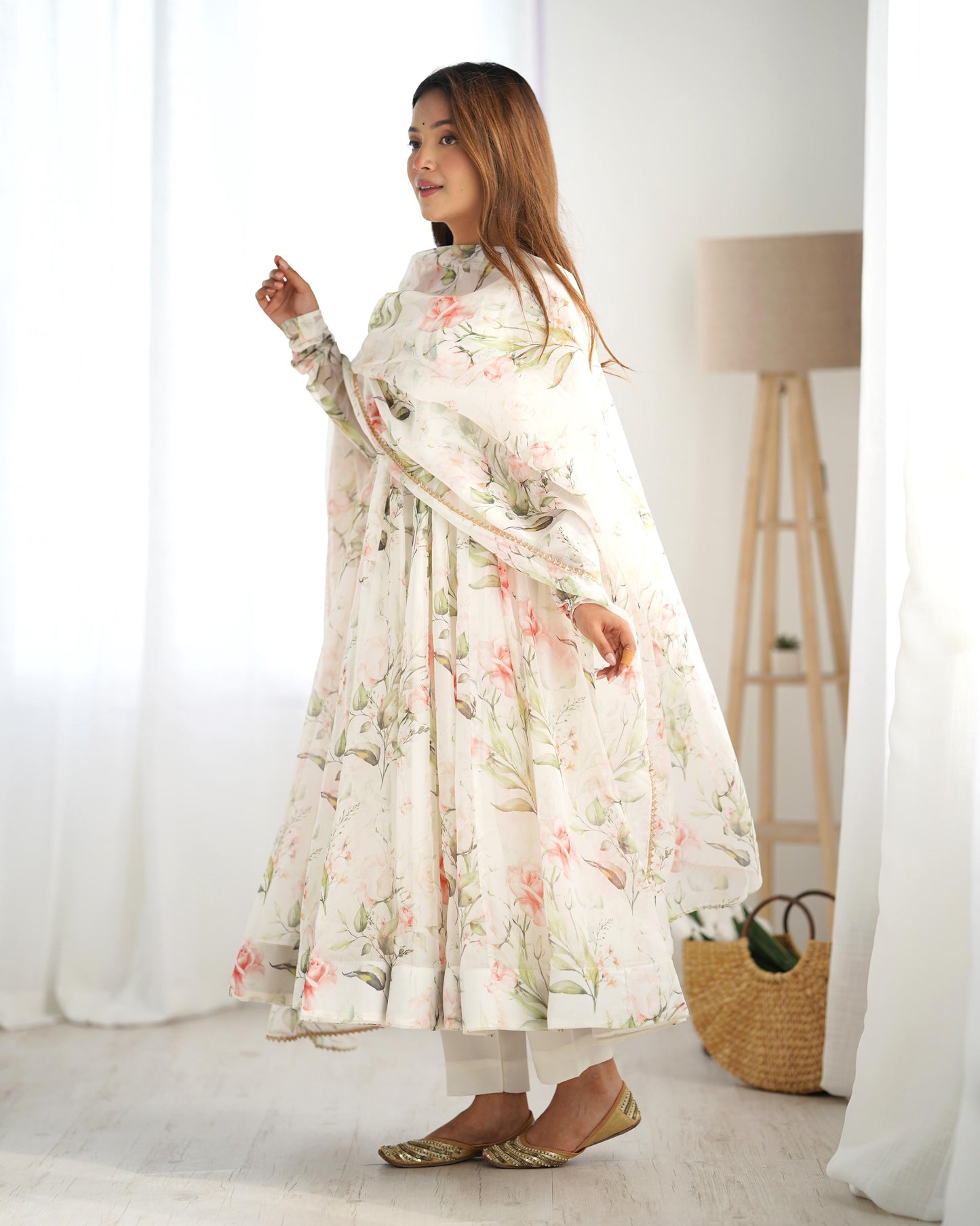 Fabulous White Pure Organza Silk Floral Printed Anarkali Pant Suit - INDIAN ELEGANCE