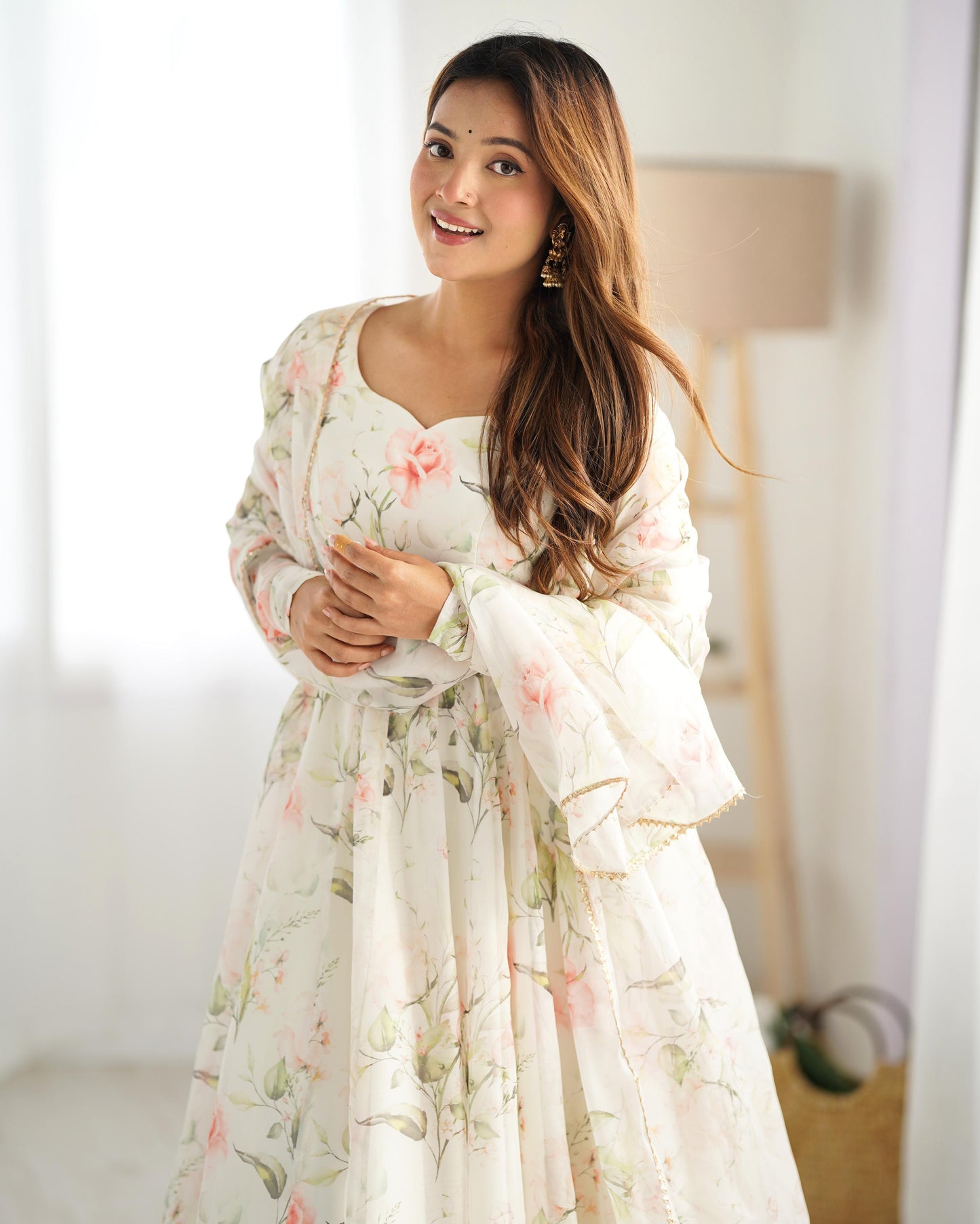 Fabulous White Pure Organza Silk Floral Printed Anarkali Pant Suit - INDIAN ELEGANCE