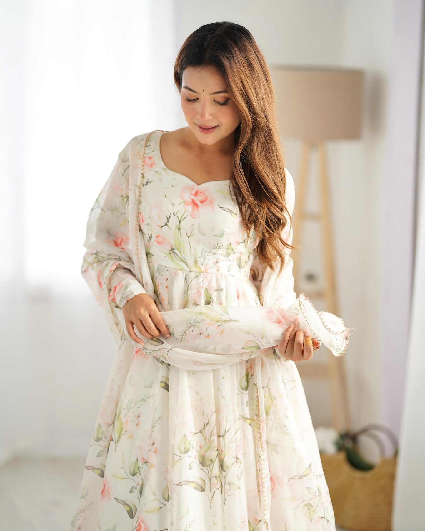 Fabulous White Pure Organza Silk Floral Printed Anarkali Pant Suit - INDIAN ELEGANCE