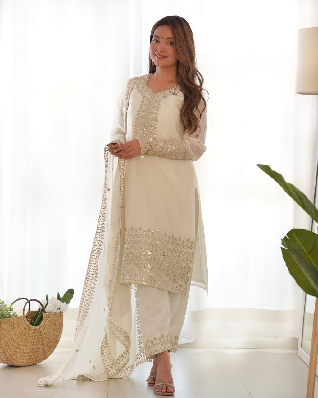 Grace in Every Thread – Chinon Silk Embroidered Kurta Set - INDIAN ELEGANCE