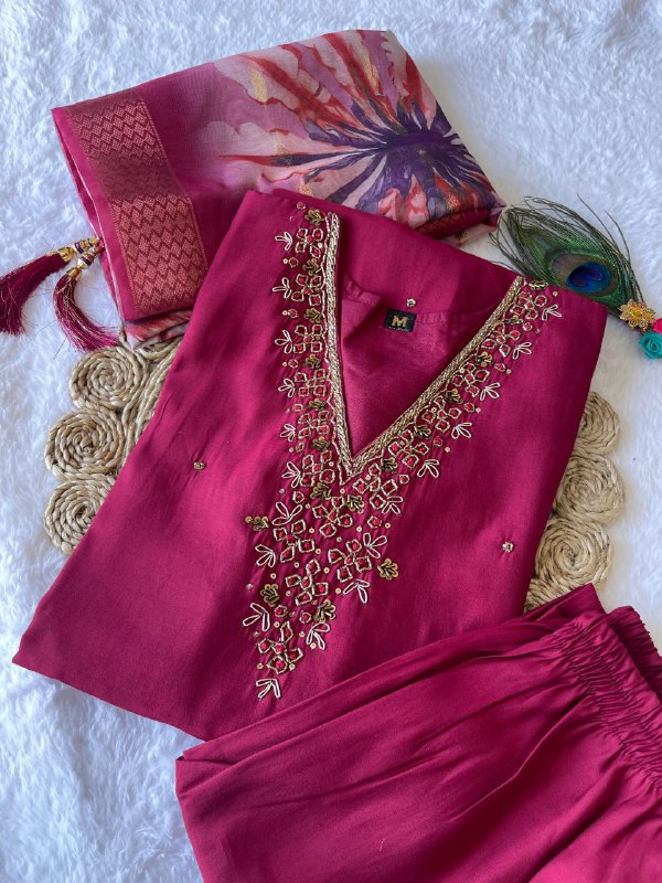 Elegant Rani Pink Roman Silk Handworked Kurta Pant Dupatta Set - INDIAN ELEGANCE