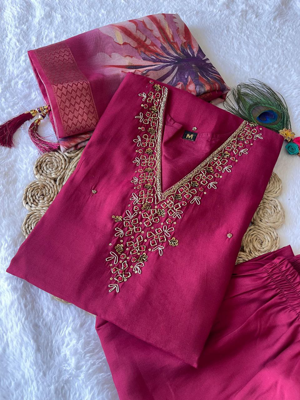 Elegant Rani Pink Roman Silk Handworked Kurta Pant Dupatta Set - INDIAN ELEGANCE