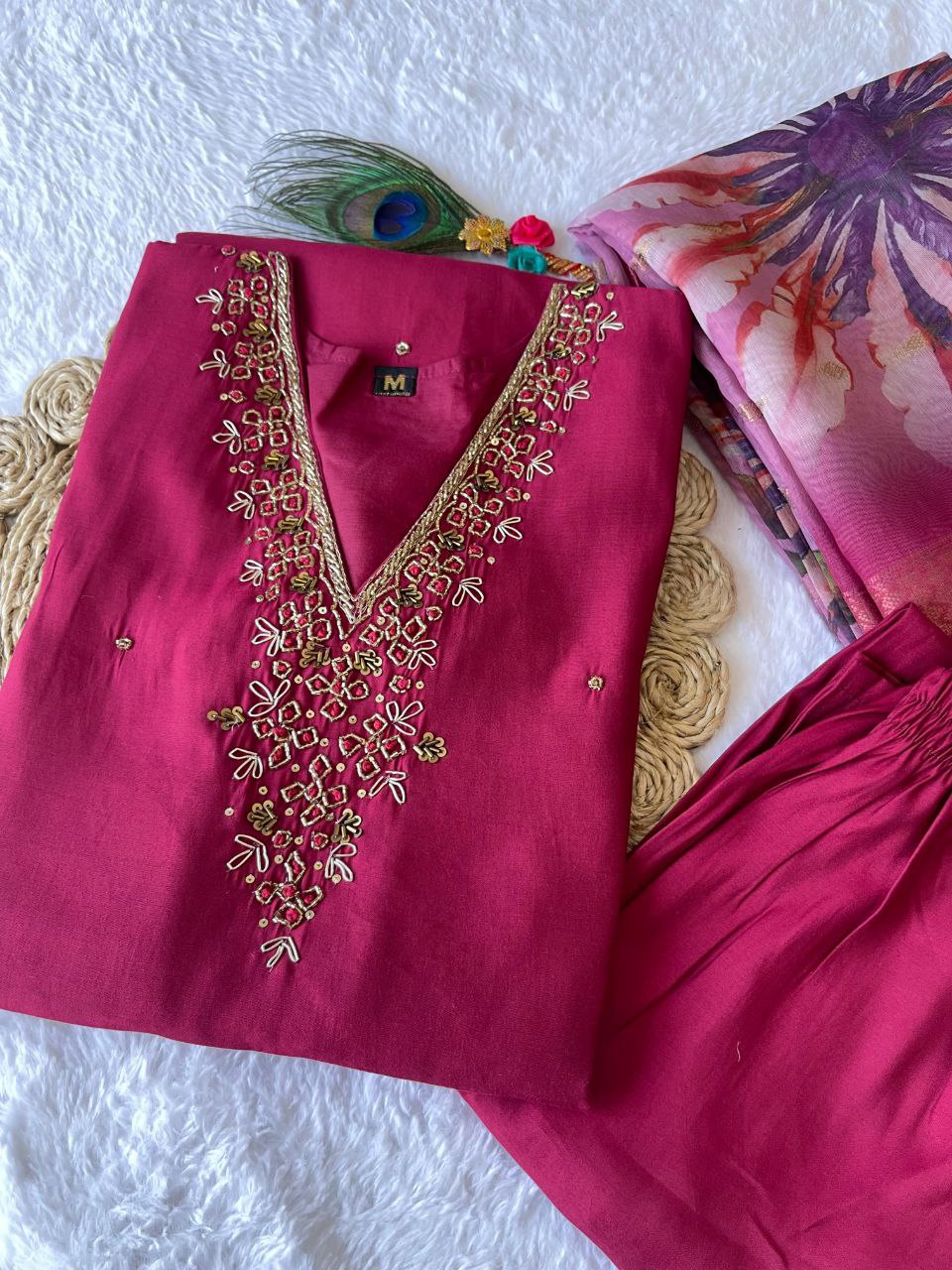 Elegant Rani Pink Roman Silk Handworked Kurta Pant Dupatta Set - INDIAN ELEGANCE