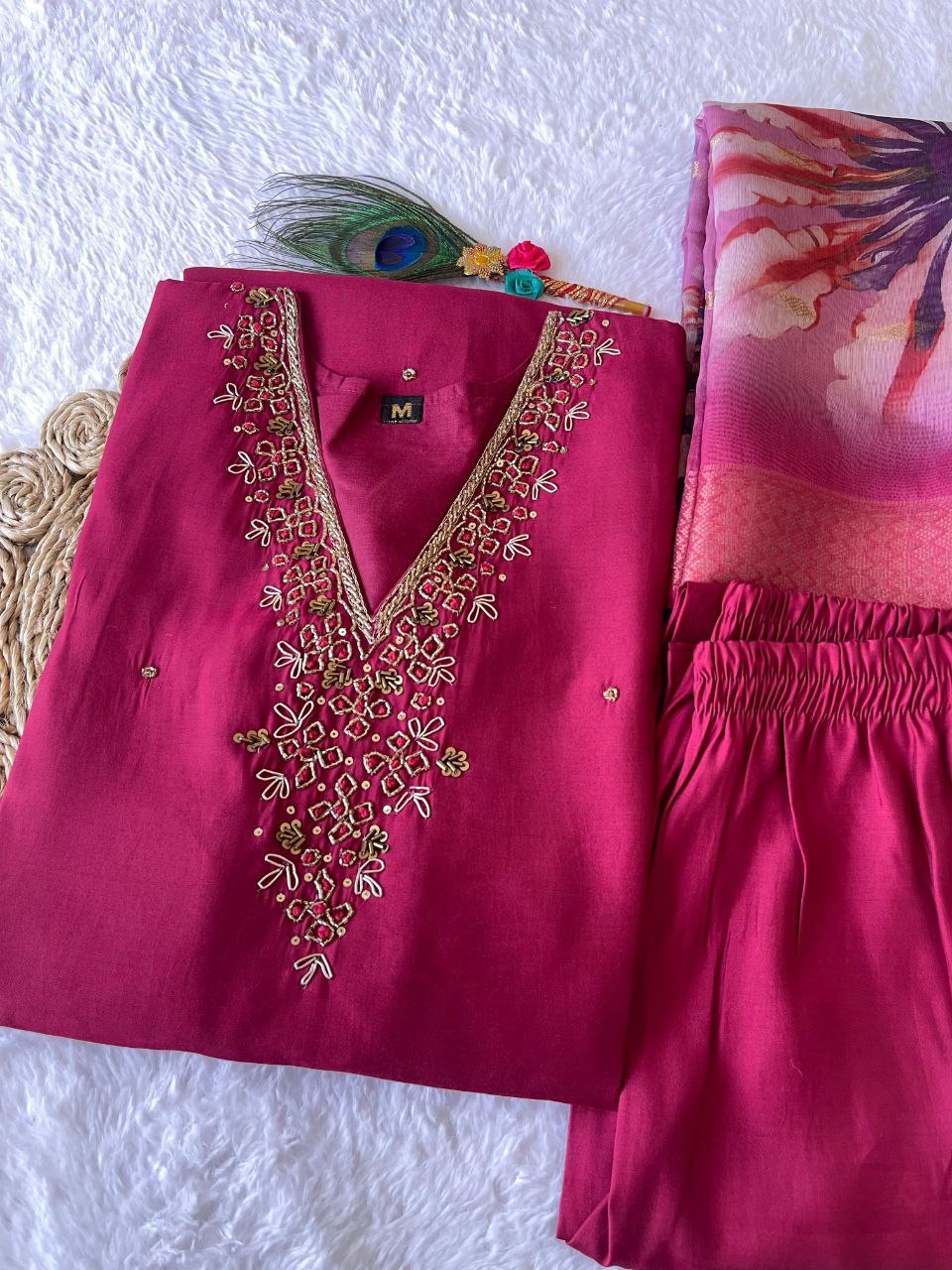 Elegant Rani Pink Roman Silk Handworked Kurta Pant Dupatta Set - INDIAN ELEGANCE